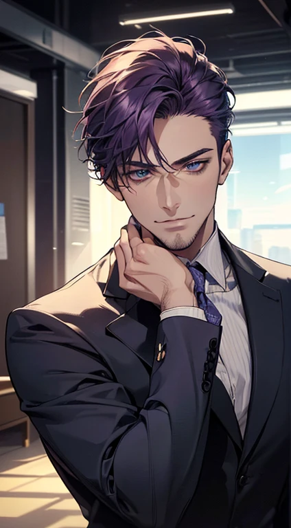 (best quality,4k,8k,highres,masterpiece:1.2),ultra-detailed,(realistic,photorealistic,photo-realistic:1.37),1 man,31 years old,mature man,very handsome,without expression,smile,short purple hair,blue eyes,penetrating gaze,perfect face without errors,imposing posture,businessman,office background,cinematic lighting,hdr image