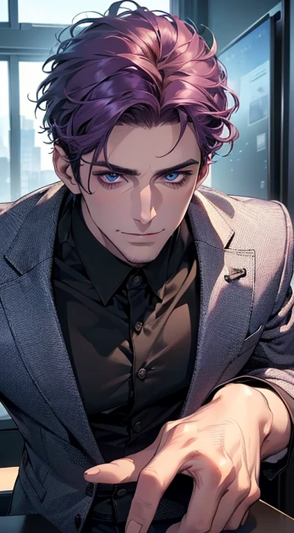 (best quality,4k,8k,highres,masterpiece:1.2),ultra-detailed,(realistic,photorealistic,photo-realistic:1.37),1 man,31 years old,mature man,very handsome,without expression,smile,short purple hair,blue eyes,penetrating gaze,perfect face without errors,imposing posture,businessman,office background,cinematic lighting,hdr image