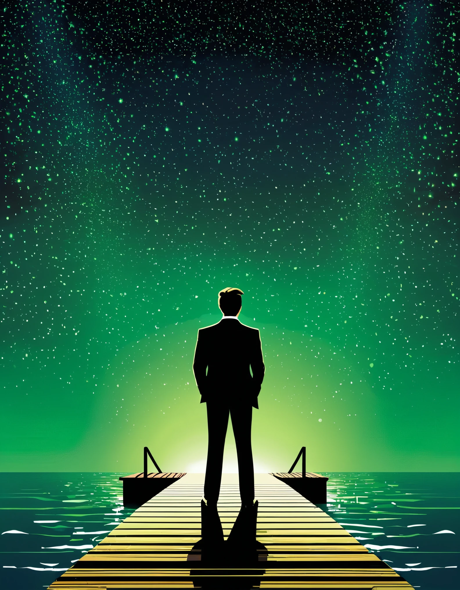 Create an image that visually represents the quote "Gatsby believed in the green light, the orgastic future that year by year recedes before us" from the book "The Great Gatsby" by F. Scott Fitzgerald.

The image should feature a silhouette of Jay Gatsby standing on a dock, gazing across a body of water toward a distant, glowing green light. The light should appear to be receding further into the distance, symbolizing the elusive nature of Gatsby's dreams and desires. This visual representation should capture the sense of longing and unattainable aspirations that are central to the novel's themes.