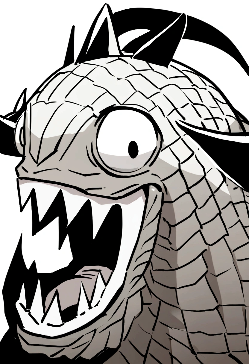 An ancient mutant tilapia,Faucet,Horns on the head,fear,Scary,Huge teeth,ferocious,(side view:1.2),White background,cartoon,Second Dimension