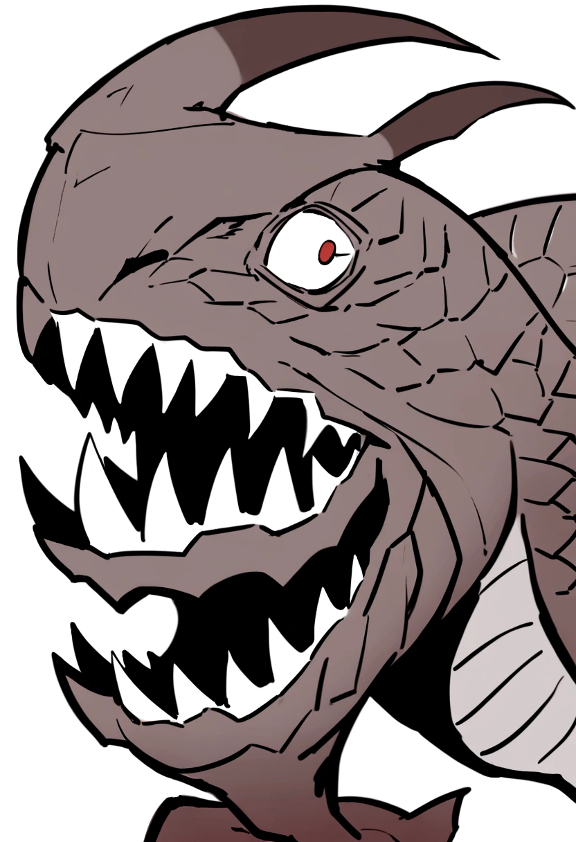 An ancient mutant tilapia,Faucet,Horns on the head,fear,Scary,Huge teeth,ferocious,(side view:1.2),White background,cartoon,Second Dimension