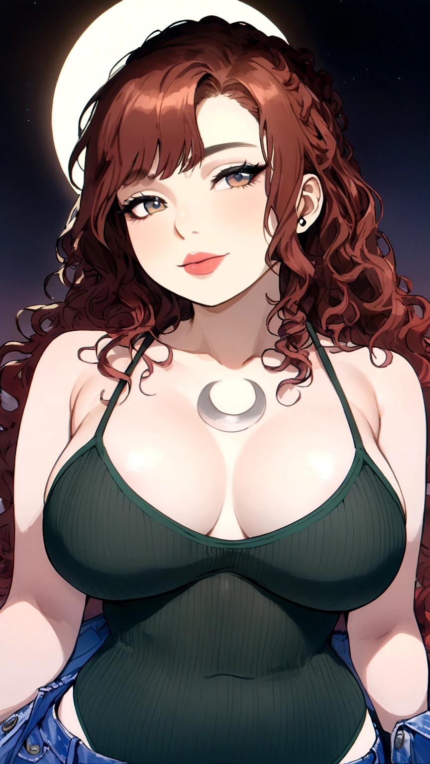a red-haired fairy, curled hair, tattoo of a half moon on the chest, big-ass