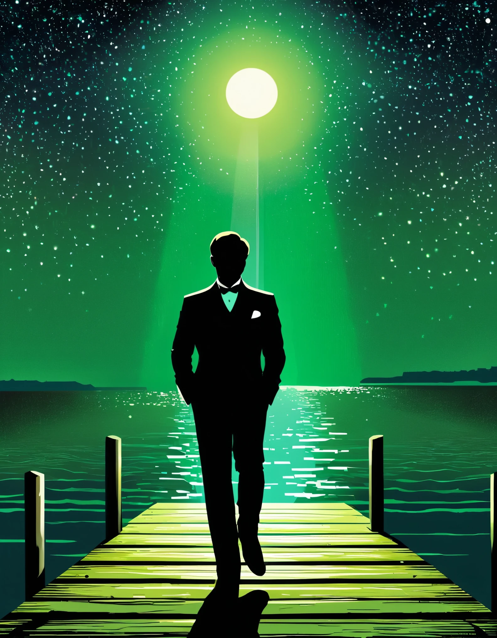 Create an image that visually represents the quote "Gatsby believed in the green light, the orgastic future that year by year recedes before us" from the book "The Great Gatsby" by F. Scott Fitzgerald.

The image should feature a silhouette of Jay Gatsby standing on a dock, gazing across a body of water toward a distant, glowing green light. The light should appear to be receding further into the distance, symbolizing the elusive nature of Gatsby's dreams and desires. This visual representation should capture the sense of longing and unattainable aspirations that are central to the novel's themes.