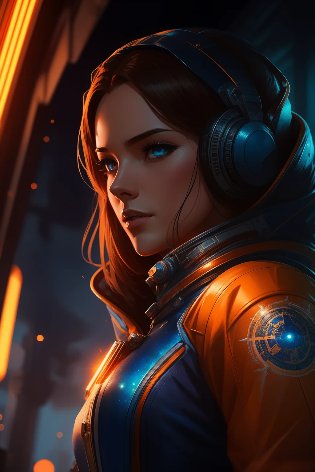 artistry similar Jonh Buscema,woman 25 years old handsome astronaut 1950 , deep blue eyes, Clothes in orange color white metallic details, cinematographic, photoshoot, Meia contra-luz, contra-luz, dramatic lighting , Incandescent, soft lighting, Insanely detailed and intricate, Hyper maximalist, artistry, not Guweiz style, elegant pose, dynamic, fot, Volumetric , ultra detaild, details Intricate, Guweiz's Super Detailed Masterpiece, futuristic atmosphere