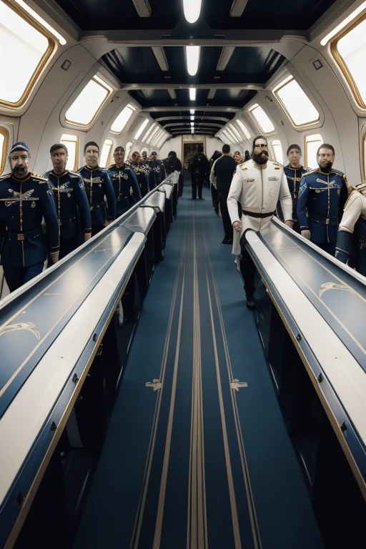 1man, Art Nouveau Style, heavy ink lines, Photography Close-up view of 5 astronauts walking in a spaceship corridor with General Carlos . General Carlos has a great, voluminous white beard, he has a general&#39;has a hat on his head, he wears a modern uniform, he is gesturing with his hands to the spectators, ele é fatter, plumpness, extremely thick thighs, Large belly, fatter, 65 years old, he holds a mug of hot coffeedifferent angles of the image.