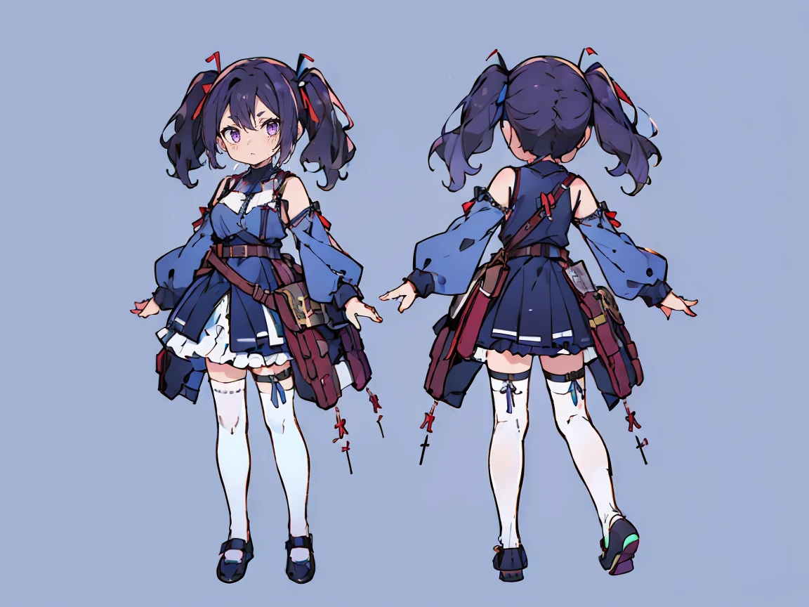 (((three-sided view, front view, side view, back view, multiple views, multiple poses and expressions, many parts)), concept art, character concept art, character sheet, Full body, illustration, (simple background, gray background), 1 character, 1girl, fantasy art:1.1), (reo mikage:0.7), blue lock, girls with((purple hair, bangs, (two side up, twintail, long wavy hair, ribbon:1.55), perfect hands, perfect fingers, (exposed breasts, tits cleavage, breasts close up, full back:1.2), dress((suspenders, dress, belt, nun:1.15), (blue clothes, frills shirt, no sleeves, sleeveless, frills panniers, long sleeves, white legwear, thighhighs, single thighhighs, single legwear, black footwear, strap shoes:1.42))