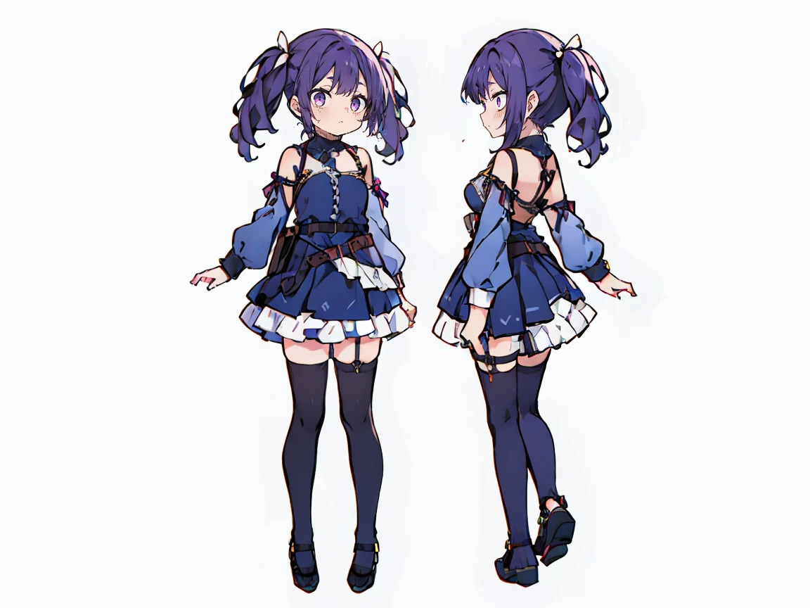 (((three-sided view, front view, side view, back view, multiple views, multiple poses and expressions, many parts)), concept art, character concept art, character sheet, Full body, illustration, (simple background, gray background), 1 character, 1girl, fantasy art:1.1), (reo mikage:0.7), blue lock, girls with((purple hair, bangs, (two side up, twintail, long wavy hair, ribbon:1.55), perfect hands, perfect fingers, (exposed breasts, tits cleavage, breasts close up, full back:1.2), dress((suspenders, dress, belt, nun:1.15), (blue clothes, frills shirt, no sleeves, sleeveless, frills panniers, long sleeves, white legwear, thighhighs, single thighhighs, single legwear, black footwear, strap shoes:1.42))