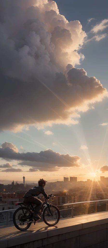 (3d:0.5,realisitic:0.5,photorealisitic:0.5),(absurderes,Super-resolution,work of art,best qualityer,finely detailled,absurderes:1.2), dramatic light, dramatic lighting, cinematic, anime scenery, makoto shinkai, 吉卜力, Fantasy world, magical, beautiful sky, clouds, building, bicycles, Plane trail, birds, dramatic lighting, cinematic lighting, SUNSET, warm SUNSET, warm sunshine, Street, Depth of field, Lens flare, naked from the front