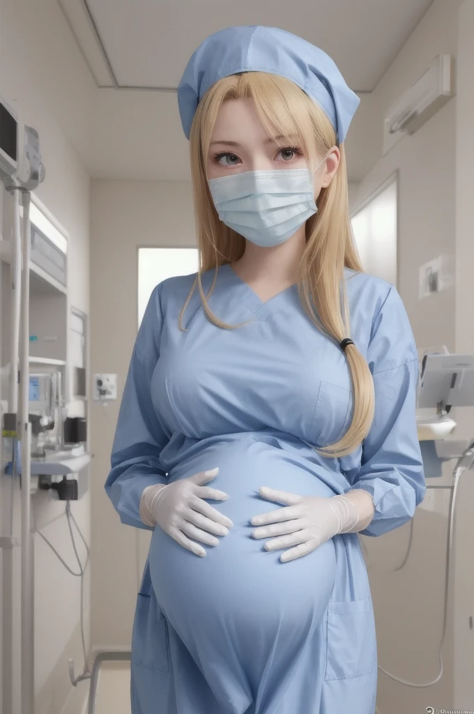 score_9,  score_8_up, score_7_up, source_anime, masterpiece, highest quality, kasuganoray, pale skin, long hair, shy eyes, big breasts, surgical mask, surgical cap, long sleeve maternity dress, seamless, 
1 girl, pregnant, solo, rubber gloves, frown,  standing, in one hospital, hospital bed, 