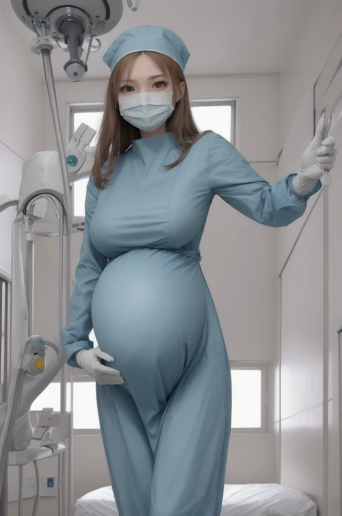 score_9,  score_8_up, score_7_up, source_anime, masterpiece, highest quality, kasuganoray, pale skin, long hair, shy eyes, big breasts, surgical mask, surgical cap, long sleeve maternity dress, seamless, 
1 girl, pregnant, solo, rubber gloves, frown,  standing, in one hospital, hospital bed, 