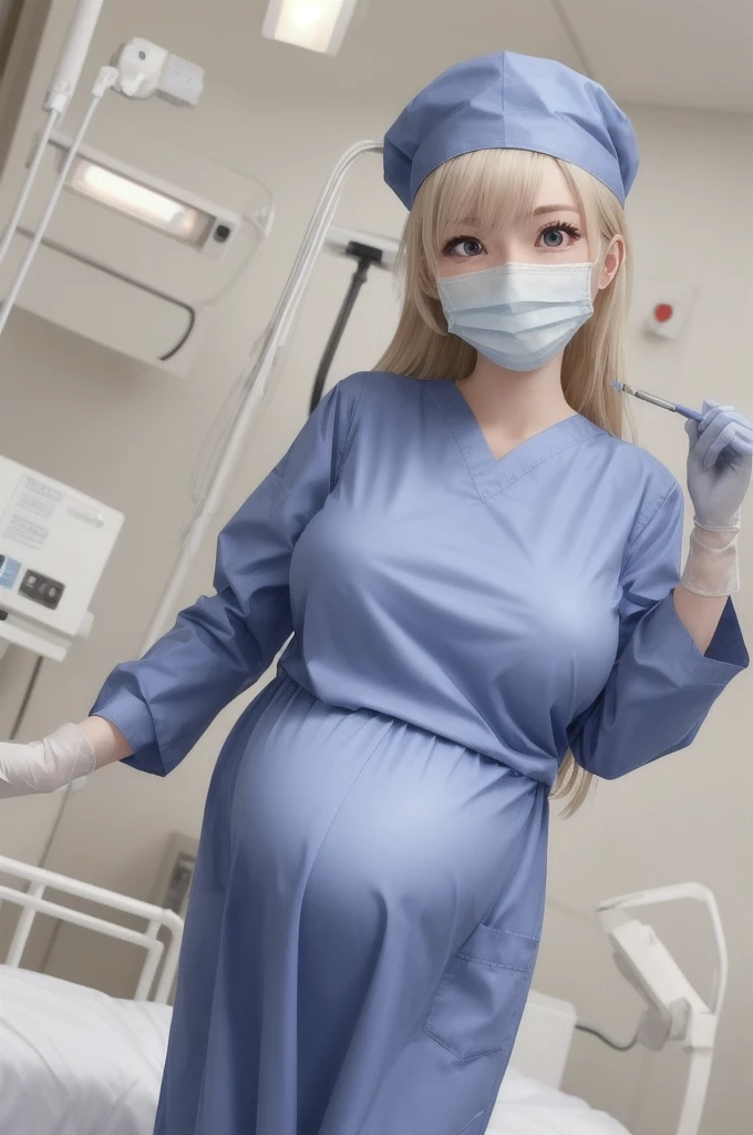 score_9,  score_8_up, score_7_up, source_anime, masterpiece, highest quality, kasuganoray, pale skin, long hair, shy eyes, big breasts, surgical mask, surgical cap, long sleeve maternity dress, seamless, 
1 girl, pregnant, solo, rubber gloves, frown,  standing, in one hospital, hospital bed, 