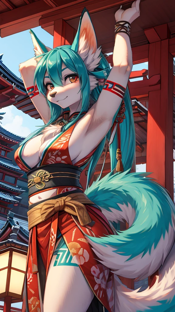 Miku Hatsune, add high definition_detail:1, blue fur,kitsune ears, tribal tattoo add_detail:1, arms in the air, japanese shrine costume add_detail"1