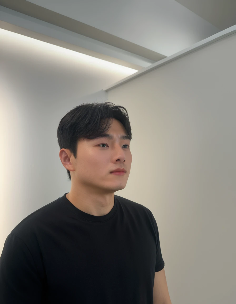 Best Quality, 8k, Masterpiece, (Portrait: 1.3), (photo realistic:1.4), (hyper realistic:1.4), Sharp Focus, looking at viewer,
(smoother lighting:1.1), (increase cinematic lighting quality:0.9), realistic lighting, backlighting, light on face, ray trace,
(brightening light:1.2), (Increase quality:1.4), sharp detail, (best quality real texture skin:1.4), finely detailed eyes, black_eyes,
finely detailed face, 25 year old Korean man