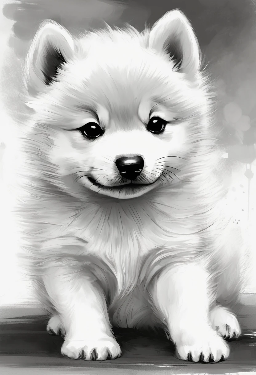 "Dynamic ink brushstroke style, black and white only: illustration by a professional illustrator, featuring a cute wolf pup or Shiba Inu, action shot, high detail, white background, sharp focus, full body, masterpiece, highly detailed, high quality, artistic sumi ink painting, Japanese style, icon, single animal."