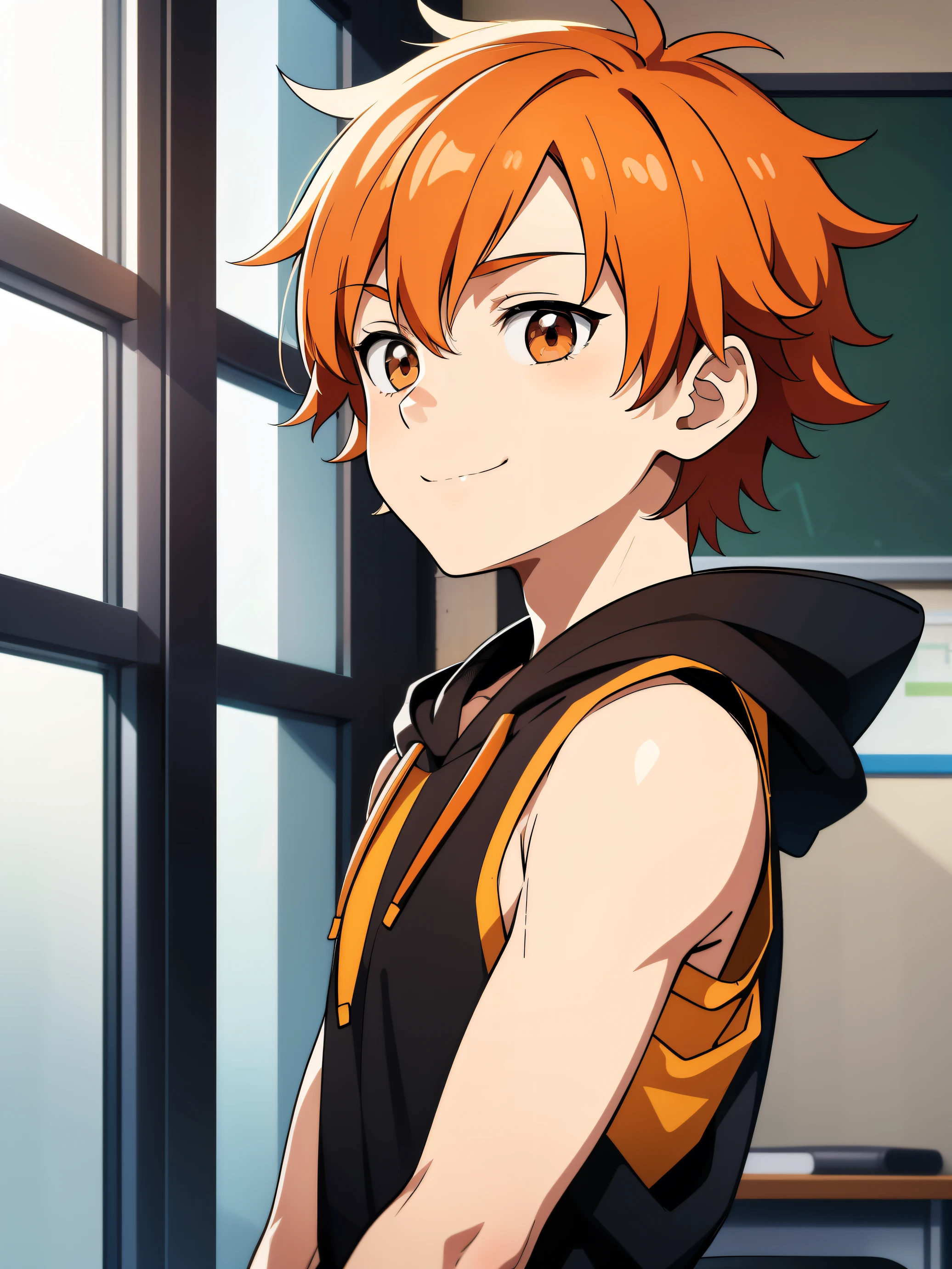 Highres, Masterpiece, Best quality at best,Best Quality,hight quality, hight detailed, Anime style, 1boy, Shota, young boy, Solo person, smile, Orange hair, messy hair, school, Sleeveless hoodie, Bare shoulder, Seen from the side, looking to the side, upper body, (very young boy), (very small and short body), 12-year-old boys, uhd, blurry beckground