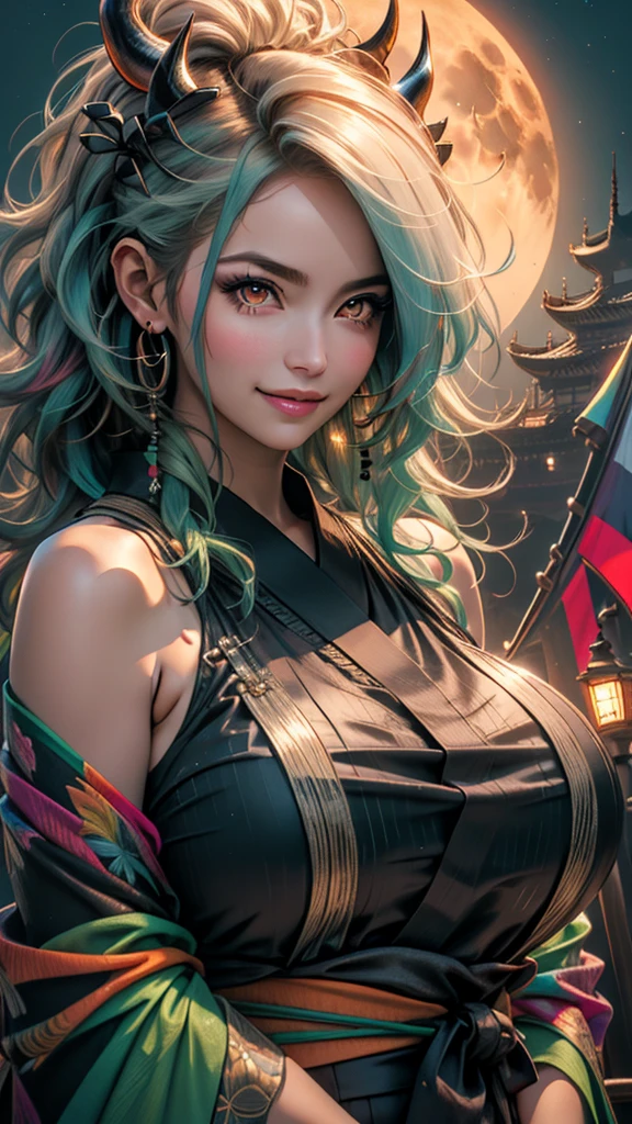 ultra realistic 8k cg, masterpiece, ((ultra detailed background, delicate pattern, intricate detail)), (highly detailed, fine details), best quality, (photorealistic:1.4),beautiful lighting, absurdres, RAW photo, film grain, ((Big breasts, Masculine girl)), Yamato, long hair, 1girl, horns, white hair, solo, oni, red horns, curled horns, hair ornament, (multicolored horns), jewelry, earrings, japanese clothes, kimono, hair stick, sleeveless, bare shoulders, aqua hair, sidelocks, hoop earrings, hakama, smile, wide smile, ((orange eyes, Masculine girl, Big breasts)), (complex detailed background, barren land, moon, portrait, close-up),