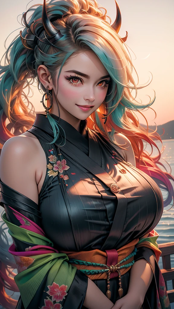 ultra realistic 8k cg, masterpiece, ((ultra detailed background, delicate pattern, intricate detail)), (highly detailed, fine details), best quality, (photorealistic:1.4),beautiful lighting, absurdres, RAW photo, film grain, ((Big breasts, Masculine girl)), Yamato, long hair, 1girl, horns, white hair, solo, oni, red horns, curled horns, hair ornament, (multicolored horns), jewelry, earrings, japanese clothes, kimono, hair stick, sleeveless, bare shoulders, aqua hair, sidelocks, hoop earrings, hakama, smile, wide smile, ((orange eyes, Masculine girl, Big breasts)), (complex detailed background, barren land, moon, portrait, close-up),