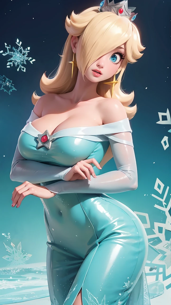 (best quality). (ultra detaild). (1girl), Looking at Viewer. (detailed backgrounds). beautiful detailed eyes. delicate beautiful face. (high saturation), breasts big, droopy breasts, (((sexy Elsa outfit))), huge boob
