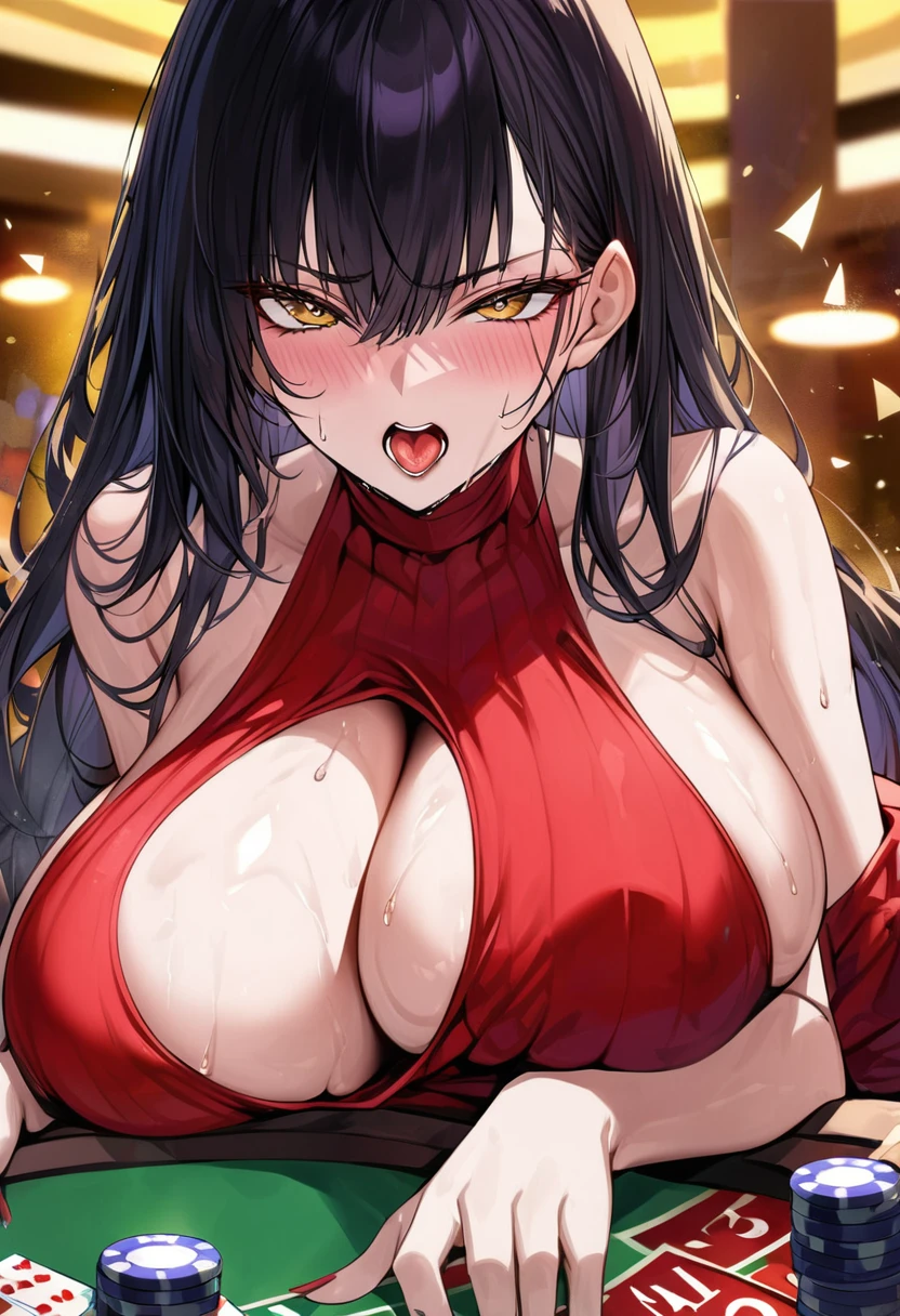 Adult female, milf, busty, hidden hourglass figure, sexy red dress, messy and long black hair, golden yellow irises, defined black pupils, passionate, blushing, casino, drinking wine at bar, sitting at bar, night, perfect eyes, highly detailed, best detail, high quality