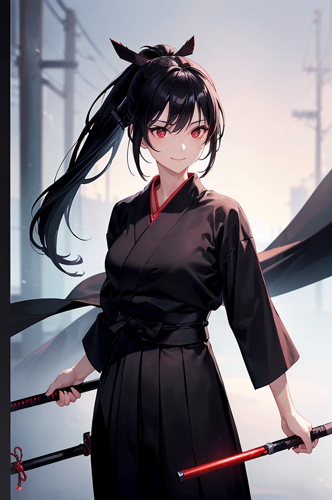 (masterpiece; best quality: 1.2), (finely detailed eyes: 1.3), ((25 year old woman)), ((solo)), (red eyes: 1.4), (body; lithe, slender, femenine: 1.3), (black hair in ponytail: 1.3), (beautiful and clear background: 1.2), ((depth of field)), (clothes: ronin attire + black hakama + black sash: 1.3), (anime illustration: 1.2), (background composition; kendo dojo + night time: 1.1), (extremely fine and beautiful: 1.1), (shot composition; standing + centered on torso + close-up: 1.5), (expression; calm, smile: 1.2)