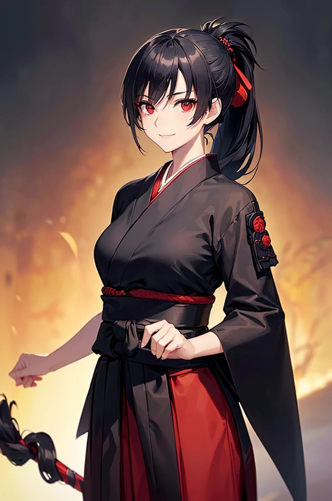 (masterpiece; best quality: 1.2), (finely detailed eyes: 1.3), ((25 year old woman)), ((solo)), (red eyes: 1.4), (body; lithe, slender, femenine: 1.3), (black hair in ponytail: 1.3), (beautiful and clear background: 1.2), ((depth of field)), (clothes: ronin attire + black hakama + black sash: 1.3), (anime illustration: 1.2), (background composition; kendo dojo + night time: 1.1), (extremely fine and beautiful: 1.1), (shot composition; standing + centered on torso + close-up: 1.5), (expression; calm, smile: 1.2)