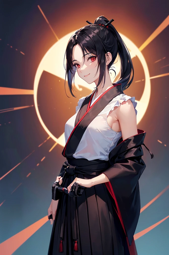 (masterpiece; best quality: 1.2), (finely detailed eyes: 1.3), ((25 year old woman)), ((solo)), (red eyes: 1.4), (body; lithe, slender, femenine: 1.3), (black hair in ponytail: 1.3), (beautiful and clear background: 1.2), ((depth of field)), (clothes: ronin attire + black hakama + black sash: 1.3), (anime illustration: 1.2), (background composition; kendo dojo + night time: 1.1), (extremely fine and beautiful: 1.1), (shot composition; standing + centered on torso + close-up: 1.5), (expression; calm, smile: 1.2)