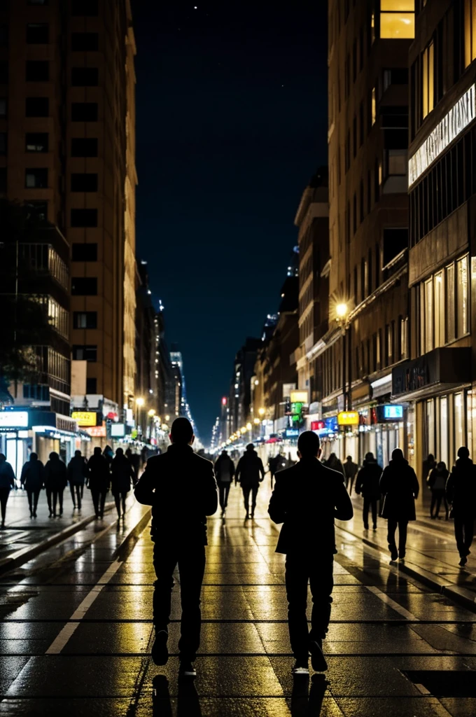 It's night. It's a big city. There are many lights on the buildings, There is a street entering the city, millions of people are desperately trying to enter the city, they are running. There is a young man walking in the opposite direction and many people brush against him.