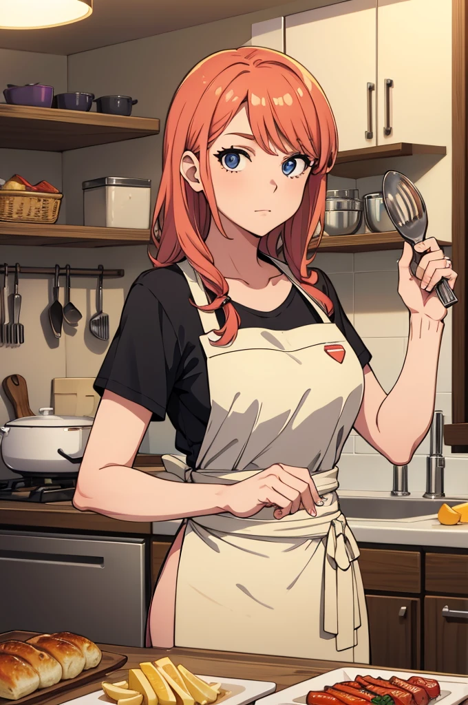 Woman in kitchen, looking at camera while cooking fancy food