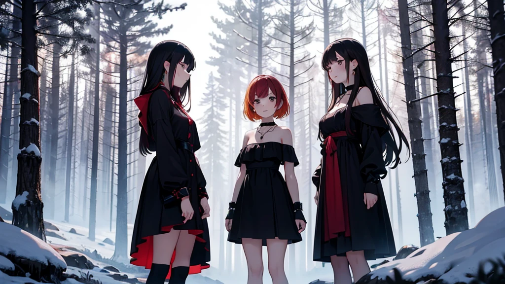 a group of beautiful witch girls in the middle of a forest in the night,snowy forest, snow, black clothes, black and red clothes, necklaces, girls standing,short skirt, sexy ,exposed shoulders light dress, transparent dress, girls standing in the middle of the forest , bracelets, earrings, completely naked tribal tattoos, three girls, blonde hair, black hair , red hair, smile
