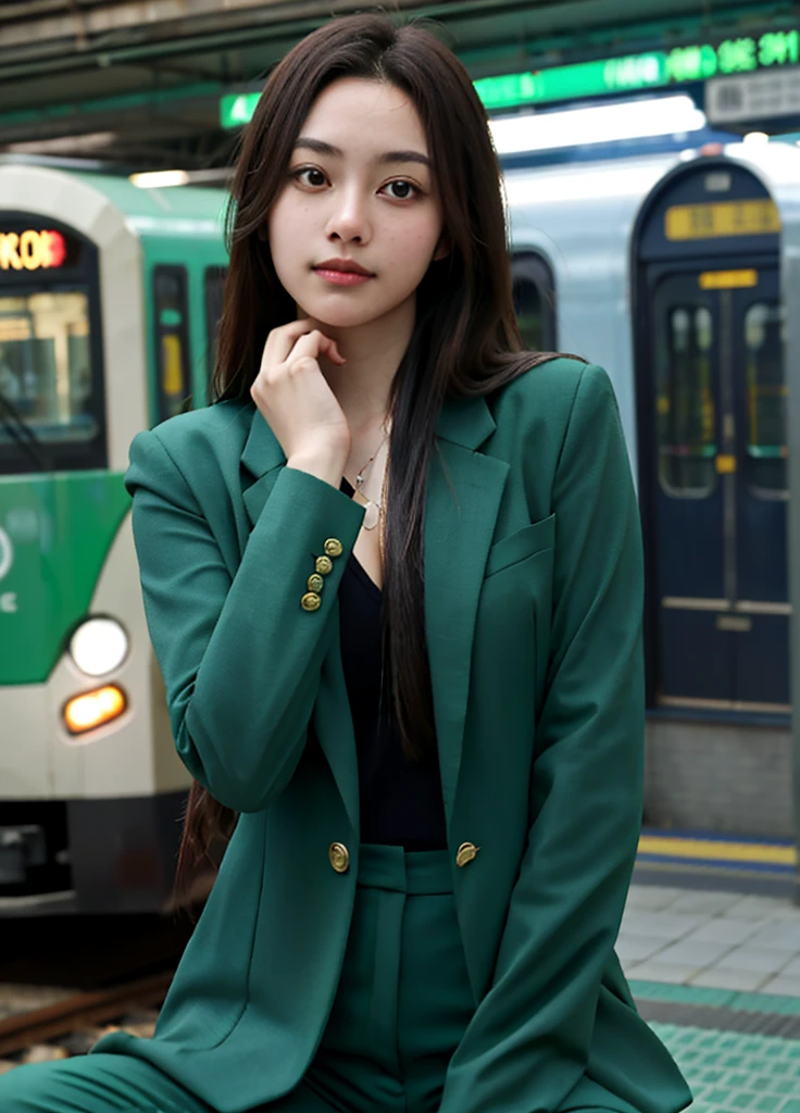 (One girl), alone, Latin Girls, length_hair, wear(Green Formal_suit, jewelry), photograph(Mid-range shot), Portraiture, Sitting pose, throw, Blurred_background, background(futuristic metro_station), (photographrealistic, Absurd, Highest_quality:1.55),