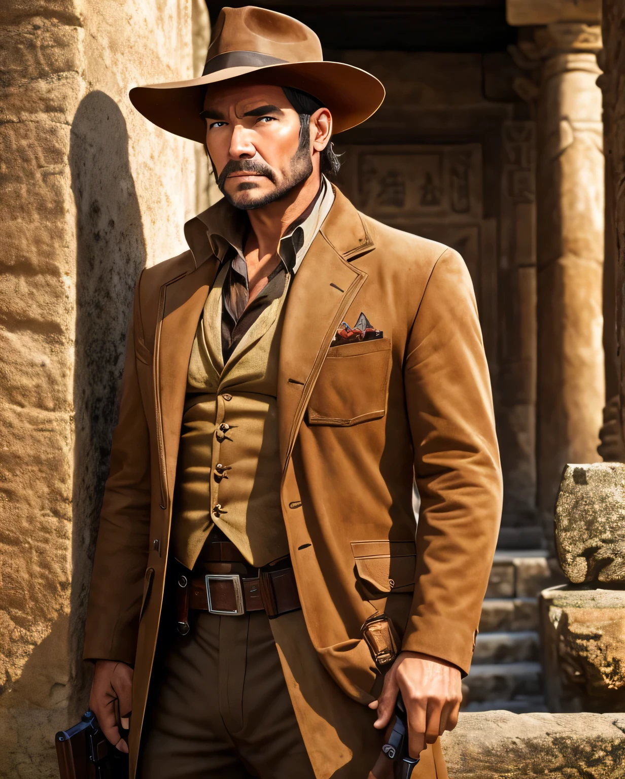 In the style of Argerm, A Man From Indiana Jones Series, Wear Brown Hat, Brown Jacket, Handsome Man, Holding Gun in Ancient Temple, Half Body, Left hand wear old clock, (Background Ancient Temple), In the dark,