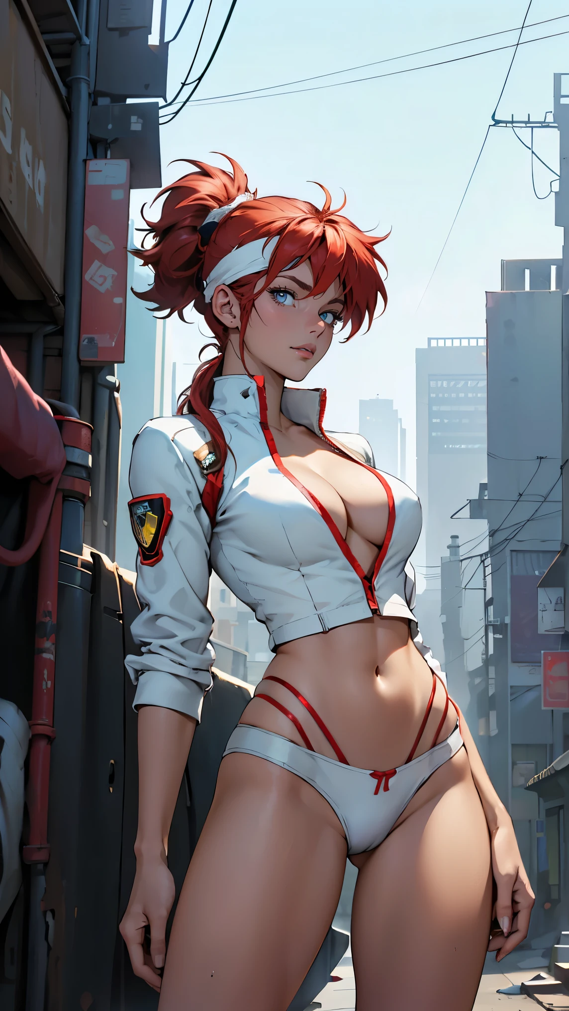 ((Masterpiece, highest quality; 1.3)), super quality, beautiful detail, super detailed, extra fine, 16K, exquisite, absurd, high resolution, beautiful background, detailed background, beautiful eyes, beautiful skin, anime style, Kay from Dirty Pair in a white outfit, tight outfit, cleavage, bushy redhead beauty, very light blue uniform, wearing tight clothes, skimpy, (mid chest: 1.2), cleavage, cleavage, slim waist , thin waist, slim thighs, thin legs, slim legs. thigh gap, showing stomach, skinny, thin hips, cyberpunk city background, holding retro space gun , headband,