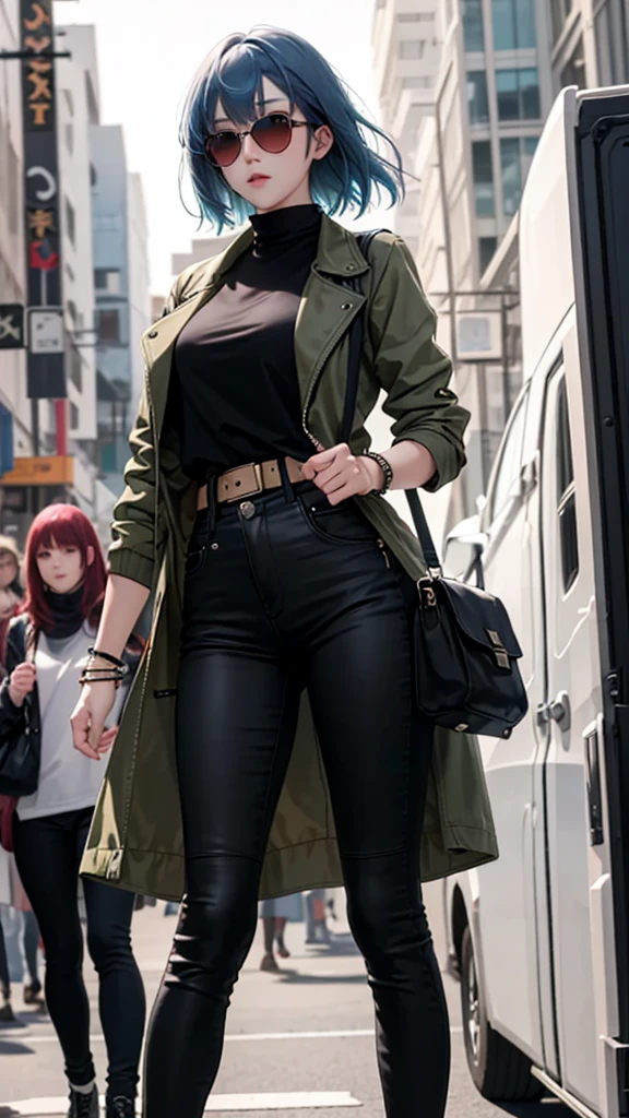 Female, 1girl, red eyes, blue hair, bangs, pale skin, blush, black lite-jacket, olive-green skinny jeans, sensible heel, bracelets, dark sunglasses, foreground elements, depth of field, studio lighting, portrait focus on the main subject, outline, outline,