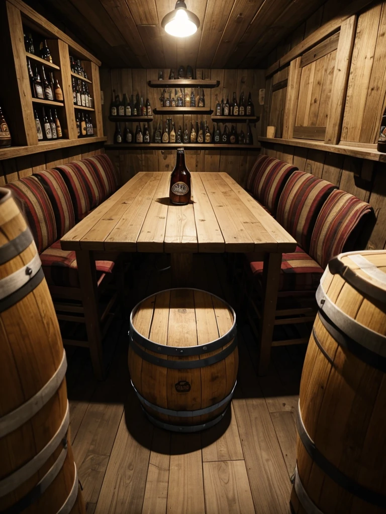 A close, sitting pov wiew photo, of a small beer cellar with a beer barrel on the right and table on the left with pint of beers on it, Pov you are sitting on a chair amd holding a pint of beer