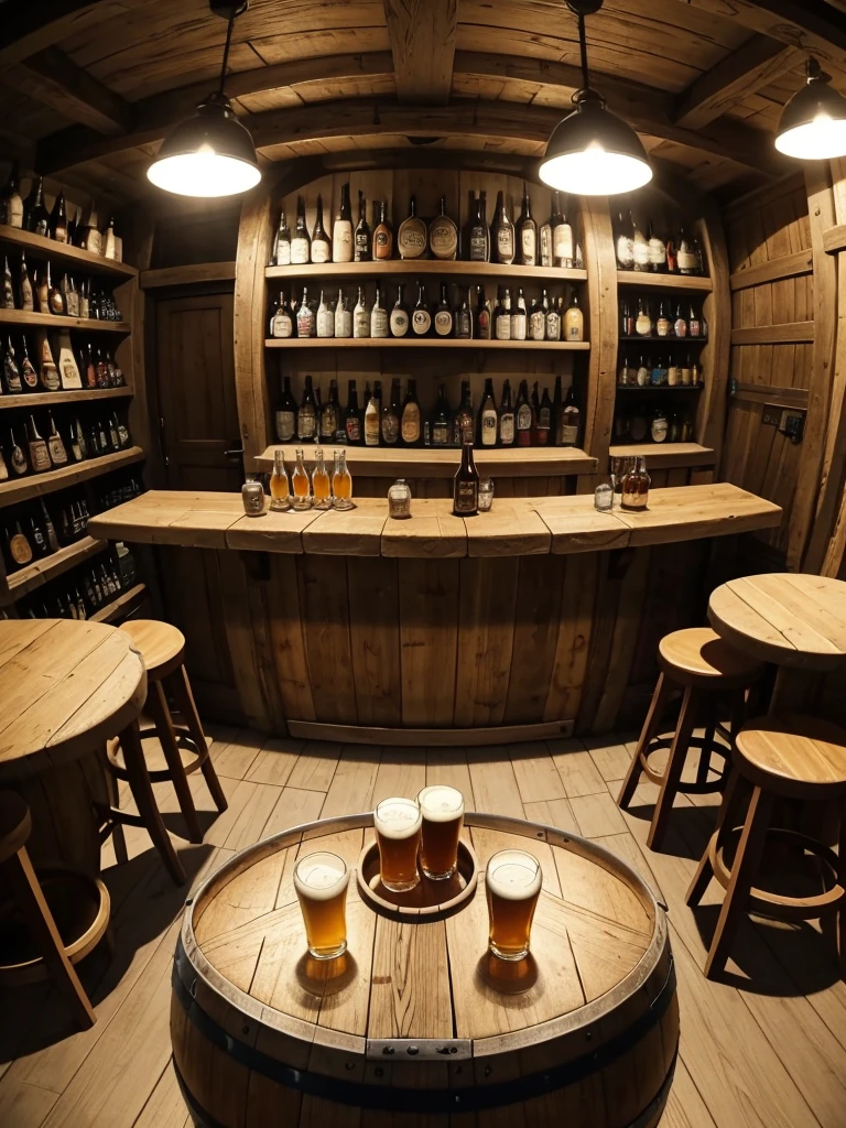 A close, sitting pov wiew photo, of a small beer cellar with a beer barrel on the right and table on the left with pint of beers on it, Pov you are sitting on a chair amd holding a pint of beer