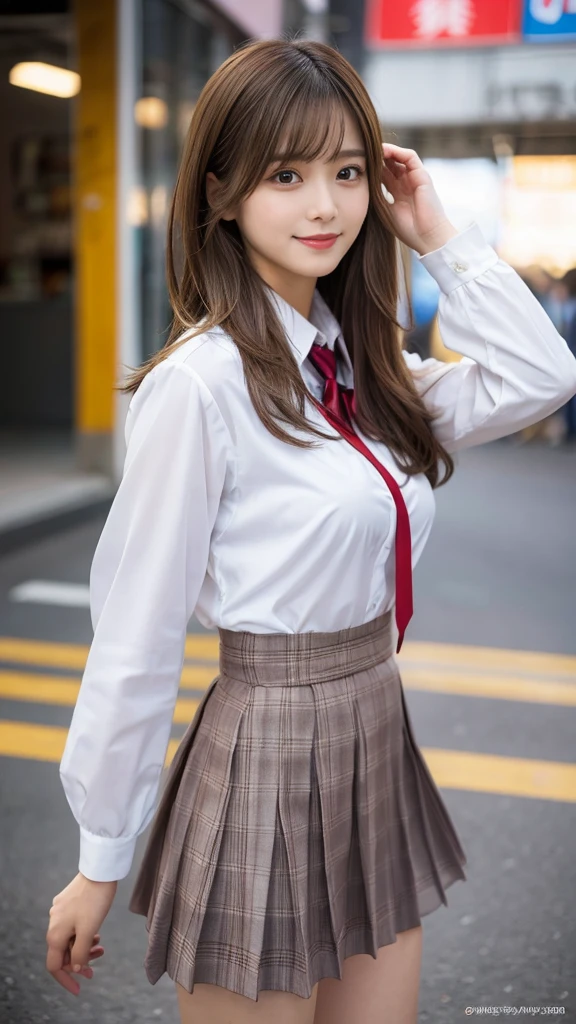(Detailed skin:1.2),(Shiny skin:1.1),8K,Highest quality, masterpiece, Ultra-high resolution,(Realistic:1.4), RAW Photos,(Soft saturation:1.3),(Fair skin:1.2),Japanese Idols,repair,20 years, Light brown hair, （Shore Surf:1.2)、（Long Hairstyles:1.2), Asymmetrical Hair, Asymmetrical bangs (Pretty face:1.4), (Large Breasts, Tight waist), Beautiful lighting, Small Head, (Student Uniform:1.2,),Highly detailed face, Highly detailed lips, fine grain, double eyelid,（Full Body Shot）, Browsing Caution, （Sharp focus: 1.2）, （Perfect Anatomy、Beautiful woman with perfect figure: 1.2）、Random sexy poses，Accentuate your leg lines、Smiling