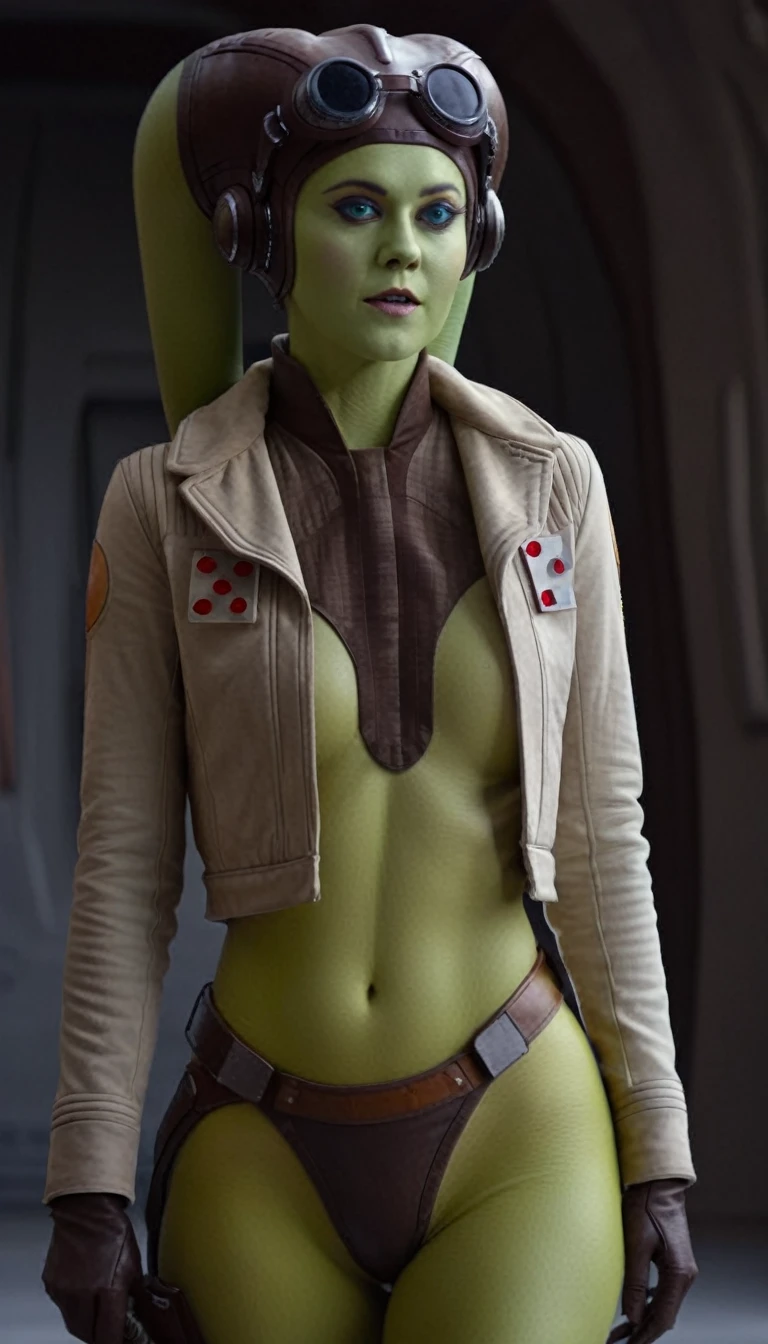 A beautiful, sensual green-skinned woman, Hera Syndulla, nude and alluring, (detailed realistic,4k,highres,masterpiece:1.2), (NO JACKET), cinematic lighting, dramatic shadows, intricate anatomy, flawless skin, mesmerizing gaze, dynamic pose, star wars imperial logo tattoos