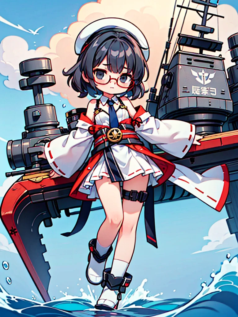 (((masterpiece, Vision))), ((((Full body of a woman with perfect flat chest、solo、Short unkempt black hair、Tie your messy hair at the nape of your neck、white military jacket、Miko costume、tights、Black glasses、White military cap、Cloudy black eyes、Confused eyes、Junyo hair accessories)))), (((Shipgirl))), ((Floating on the morning sea with both feet)), (Spread your legs wide open), (Hold the turret grip with your right hand), (Mechanical arms extending from the waist are used to equip the ship with battleship equipment.), (Equipped with a turret on the back), (Left arm holds the triple turret grip), Shotgun belt on thigh, Spreading the Machine's Wings, The machine's tail supports the turret,
