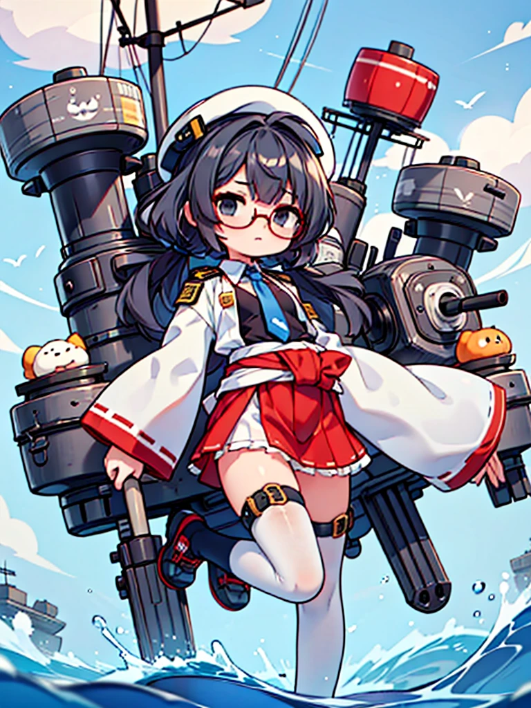 (((masterpiece, Vision))), ((((Full body of a woman with perfect flat chest、solo、Short unkempt black hair、Tie your messy hair at the nape of your neck、white military jacket、Miko costume、tights、Black glasses、White military cap、Cloudy black eyes、Confused eyes、Junyo hair accessories)))), (((Shipgirl))), ((Floating on the morning sea with both feet)), (Spread your legs wide open), (Hold the turret grip with your right hand), (Mechanical arms extending from the waist are used to equip the ship with battleship equipment.), (Equipped with a turret on the back), (Left arm holds the triple turret grip), Shotgun belt on thigh, Spreading the Machine's Wings, The machine's tail supports the turret,