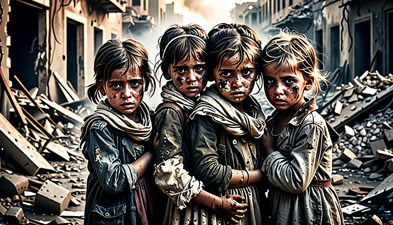 a wounded and sick children at war, children in tattered clothes, children with bandaged wounds, children huddled in fear, children crying, children holding onto each other, children in a destroyed city, rubble and debris around them, dust and smoke in the air, harsh lighting, gritty and somber atmosphere, muted color palette, high contrast, cinematic composition, emotional and impactful, (best quality,4k,8k,highres,masterpiece:1.2),ultra-detailed,(realistic,photorealistic,photo-realistic:1.37)