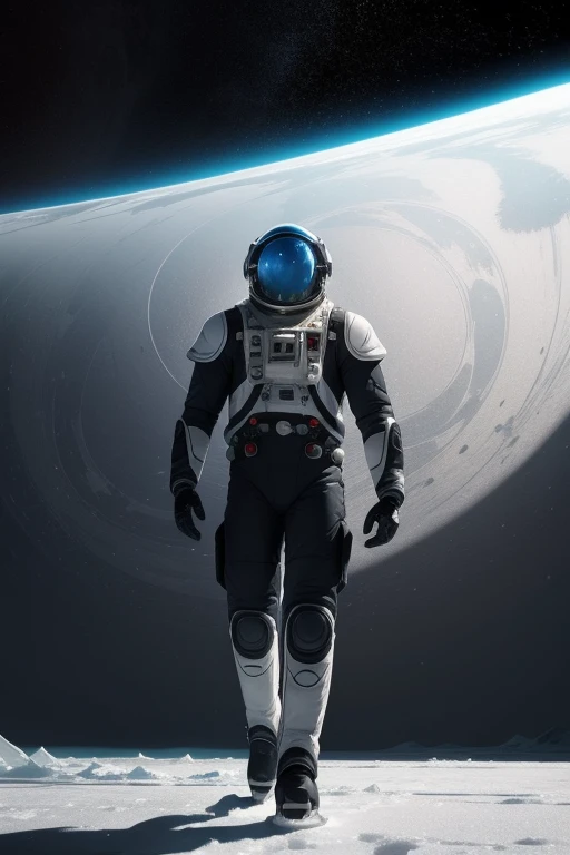 1man, Art Nouveau Style, heavy ink lines,Low angle , floor , Daytime lighting in a frozen environment, floor com neve,  astronaut wearing space suit is walking on the ice planet and observes something impressed by an alien structure , full body photography full body image. Environment overview. He is accompanied by a terrestrial exploration robot.. Full body photography Full body photography different angles of the image. Different image angles 