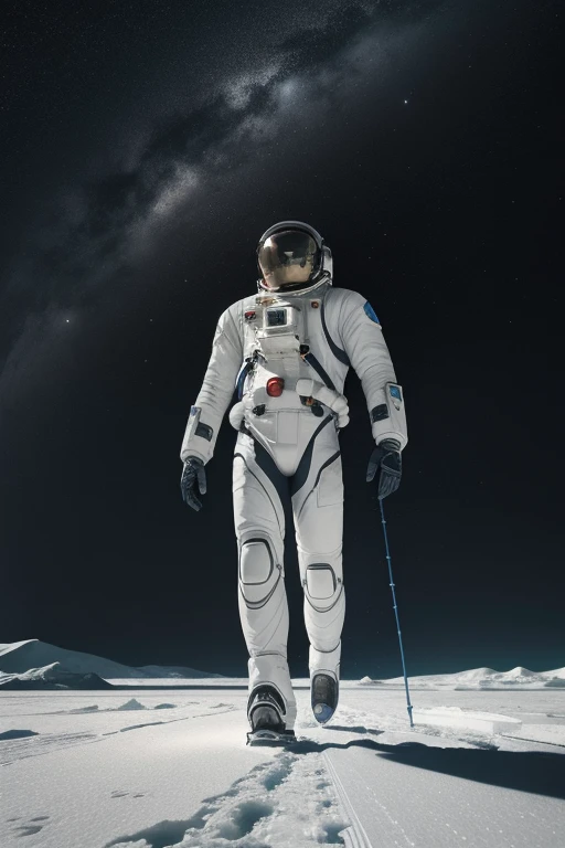 1man, Art Nouveau Style, heavy ink lines,Low angle , floor , Daytime lighting in a frozen environment, floor com neve,  astronaut wearing space suit is walking on the ice planet and observes something impressed by an alien structure , full body photography full body image. Environment overview. He is accompanied by a terrestrial exploration robot.. Full body photography Full body photography different angles of the image. Different image angles 