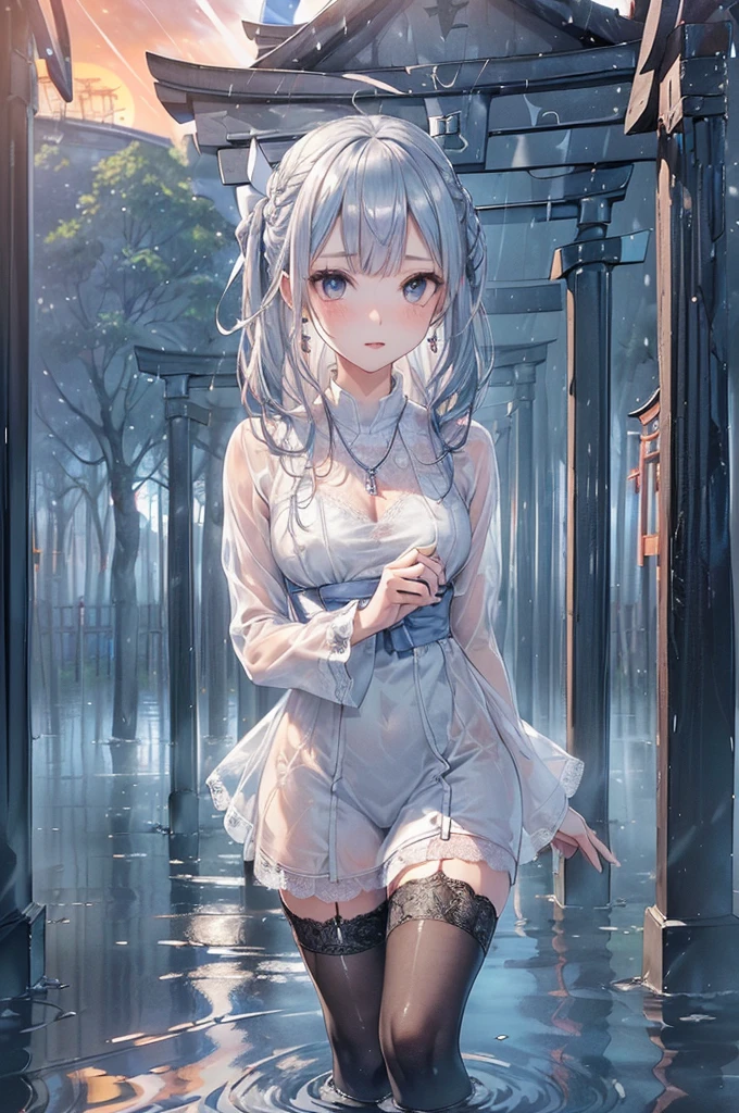 ((Biologically correct limb count))、(( From head to toe、Full-body photo including face))、4K、((Standing position))、masterpiece、((Focus on the face))、((Symmetrical facial features))、Eyes with detailed description、Beautiful woman、Great style、Beautiful arms、Beautiful legs、Beautiful Hands、(Small Ass、Thin thighs）、Facial detailing、Small earrings、necklace、(White see-through gothic dress、((High heels、Patterned stockings))）、((Standing at the Senbon Torii gates and looking up in the setting sun))、(((A flood of letters is falling from the sky)))、Close-up photo of the upper body、Lace gloves、(((Blue and silver hair)))、rain