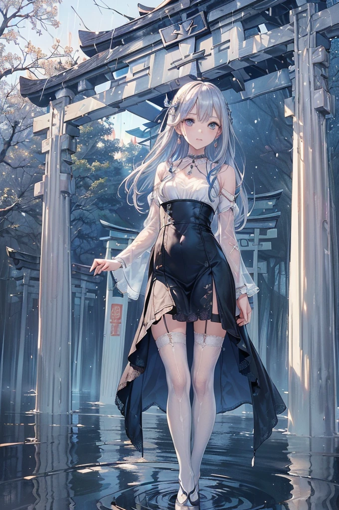 ((Biologically correct limb count))、(( From head to toe、Full-body photo including face))、4K、((Standing position))、masterpiece、((Focus on the face))、((Symmetrical facial features))、Eyes with detailed description、Beautiful woman、Great style、Beautiful arms、Beautiful legs、Beautiful Hands、(Small Ass、Thin thighs)、Facial detailing、Small earrings、necklace、(White see-through gothic dress、((High heels、Patterned stockings)))、((Standing at the Senbon Torii gates and looking up in the setting sun))、(((A flood of letters is falling from the sky)))、Close-up photo of the upper body、Lace gloves、(((Blue and silver hair)))、rain