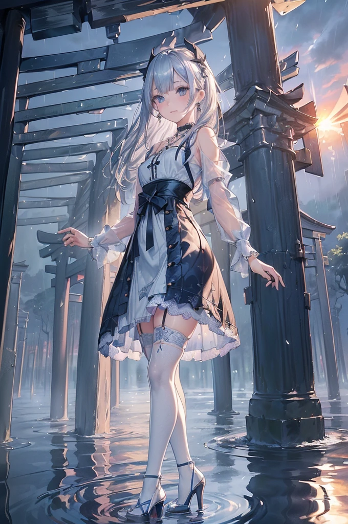 ((Biologically correct limb count))、(( From head to toe、Full-body photo including face))、4K、((Standing position))、masterpiece、((Focus on the face))、((Symmetrical facial features))、Eyes with detailed description、Beautiful woman、Great style、Beautiful arms、Beautiful legs、Beautiful Hands、(Small Ass、Thin thighs）、Facial detailing、Small earrings、necklace、(White see-through gothic dress、((High heels、Patterned stockings))）、((Standing at the Senbon Torii gates and looking up in the setting sun))、(((A flood of letters is falling from the sky)))、Close-up photo of the upper body、Lace gloves、(((Blue and silver hair)))、rain