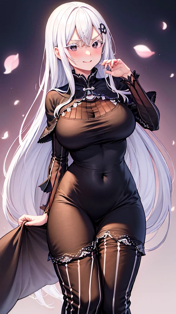 masterpiece)),((Highest quality)),High resolution,Extremely detailed CG,Perfect lighting,8k wallpaper、One Woman, Adult women、alone、Very large breasts、Very large breasts、Enlarge breasts、very thick legs、Looking into the camera、Long black dress、Black clothes、The body line is clear、Hide your chest