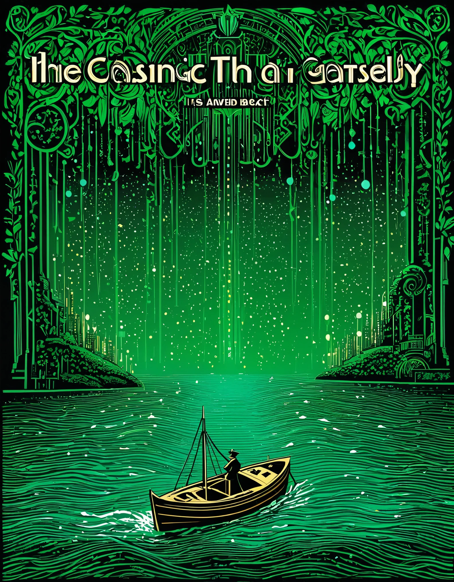 Create an image that encapsulates the themes and emotions of "The Great Gatsby" by F. Scott Fitzgerald, combining the following famous lines from the novel:

"So we beat on, boats against the current, borne back ceaselessly into the past."
"Gatsby believed in the green light, the orgastic future that year by year recedes before us."
"I hope she'll be a fool — that's the best thing a girl can be in this world, a beautiful little fool."
Use these lines to inspire an image that conveys the idea of chasing dreams, the elusive nature of the American Dream, and the complex relationships among the characters in the novel.