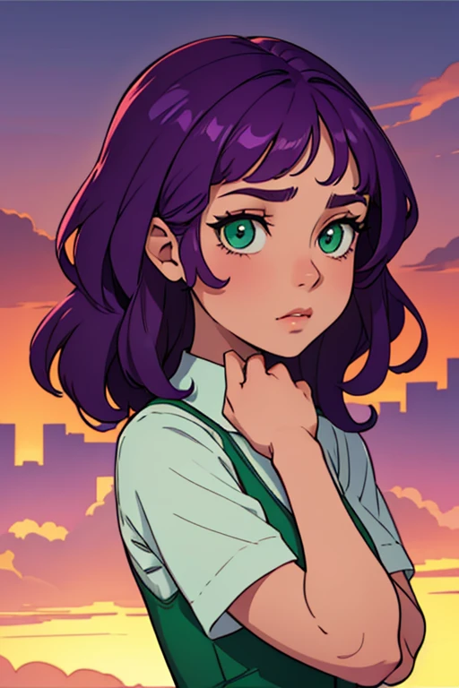 teenager woman pandillera , green eyes , short wavy purple hair,  tristeza,  llorando