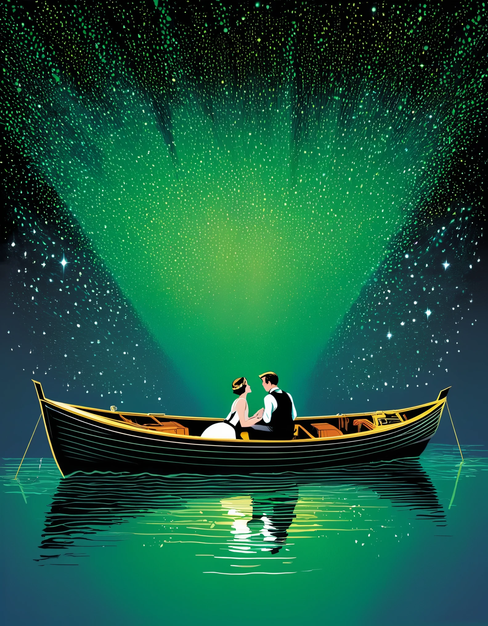 Create an image that encapsulates the themes and emotions of "The Great Gatsby" by F. Scott Fitzgerald, combining the following famous lines from the novel:

"So we beat on, boats against the current, borne back ceaselessly into the past."
"Gatsby believed in the green light, the orgastic future that year by year recedes before us."
"I hope she'll be a fool — that's the best thing a girl can be in this world, a beautiful little fool."
Use these lines to inspire an image that conveys the idea of chasing dreams, the elusive nature of the American Dream, and the complex relationships among the characters in the novel.