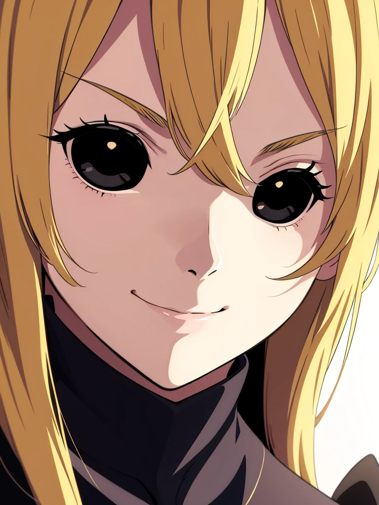 1girl,portrait,solo,close up,blonde,black sclera,black eyes,smile,closed mouth